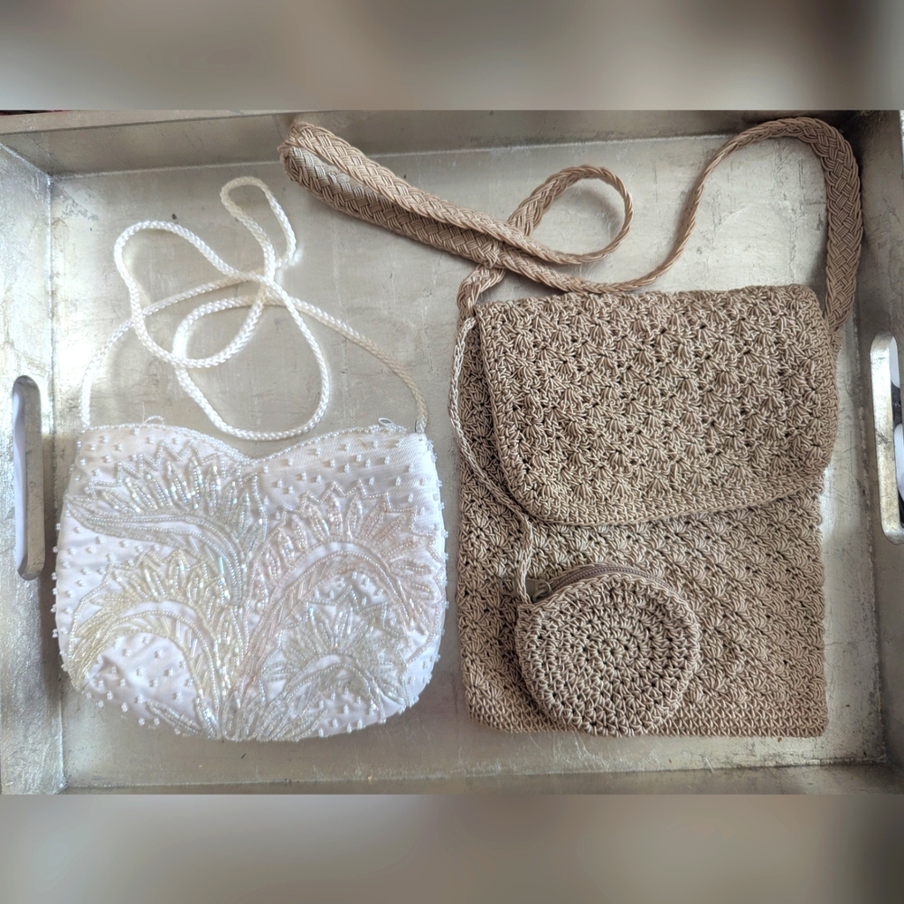 Vintage 2 White Beaded Handmade Tan Crochet Crossbody Bags Bling Boho